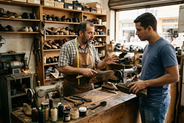 Cliente conversando com um sapateiro, tirando dúvidas sobre serviços.