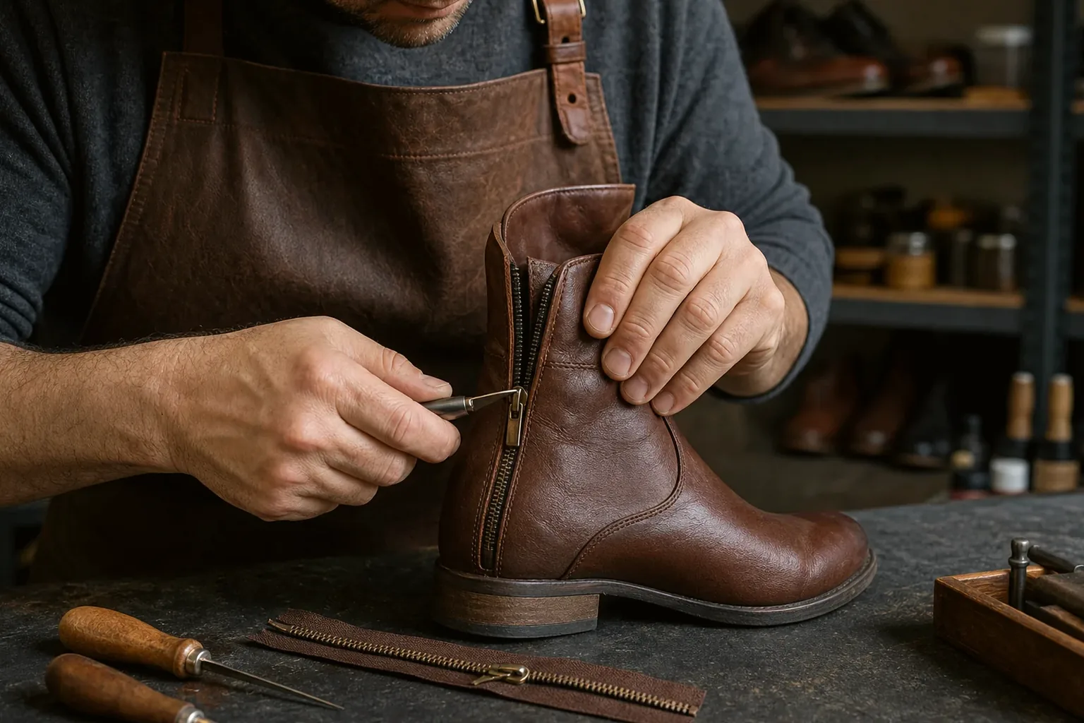 Profissional consertando zíper de bota.