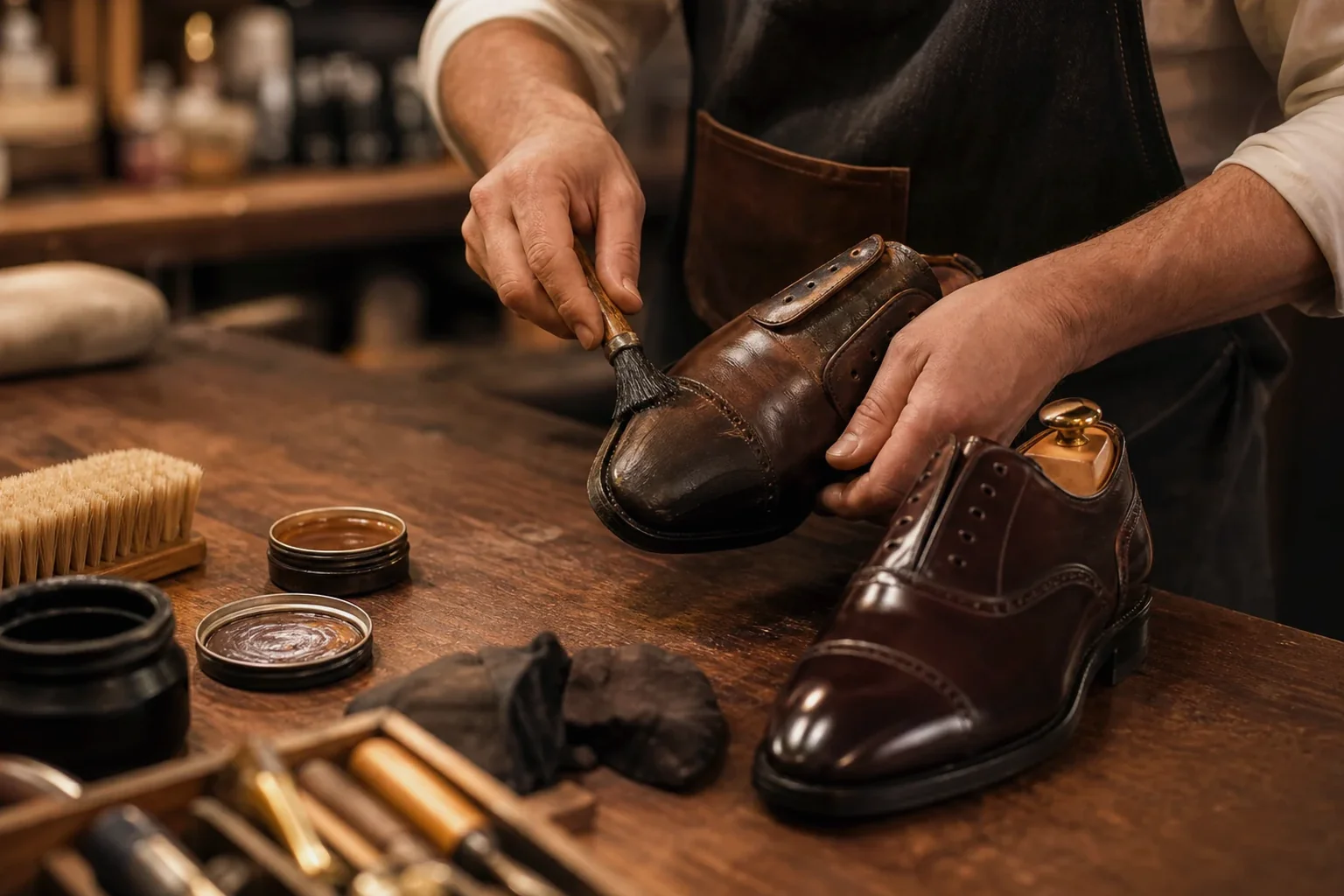 Sapateiro reformando sapatos sociais.