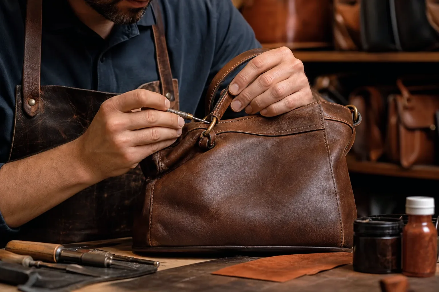 Sapateiro trabalhando na reforma de uma bolsa de couro.
